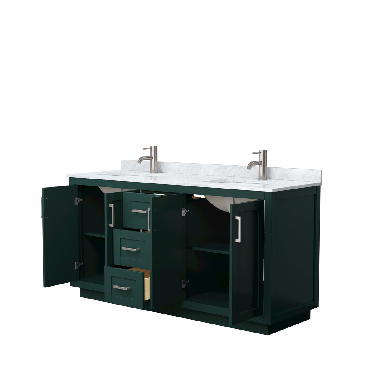 Miranda 66 Inch Double Bathroom Vanity in Green White Carrara Marble Countertop Undermount Square Sinks Brushed Nickel Trim