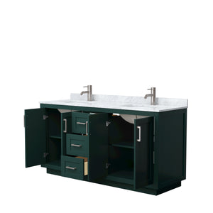 Miranda 66 Inch Double Bathroom Vanity in Green White Carrara Marble Countertop Undermount Square Sinks Brushed Nickel Trim