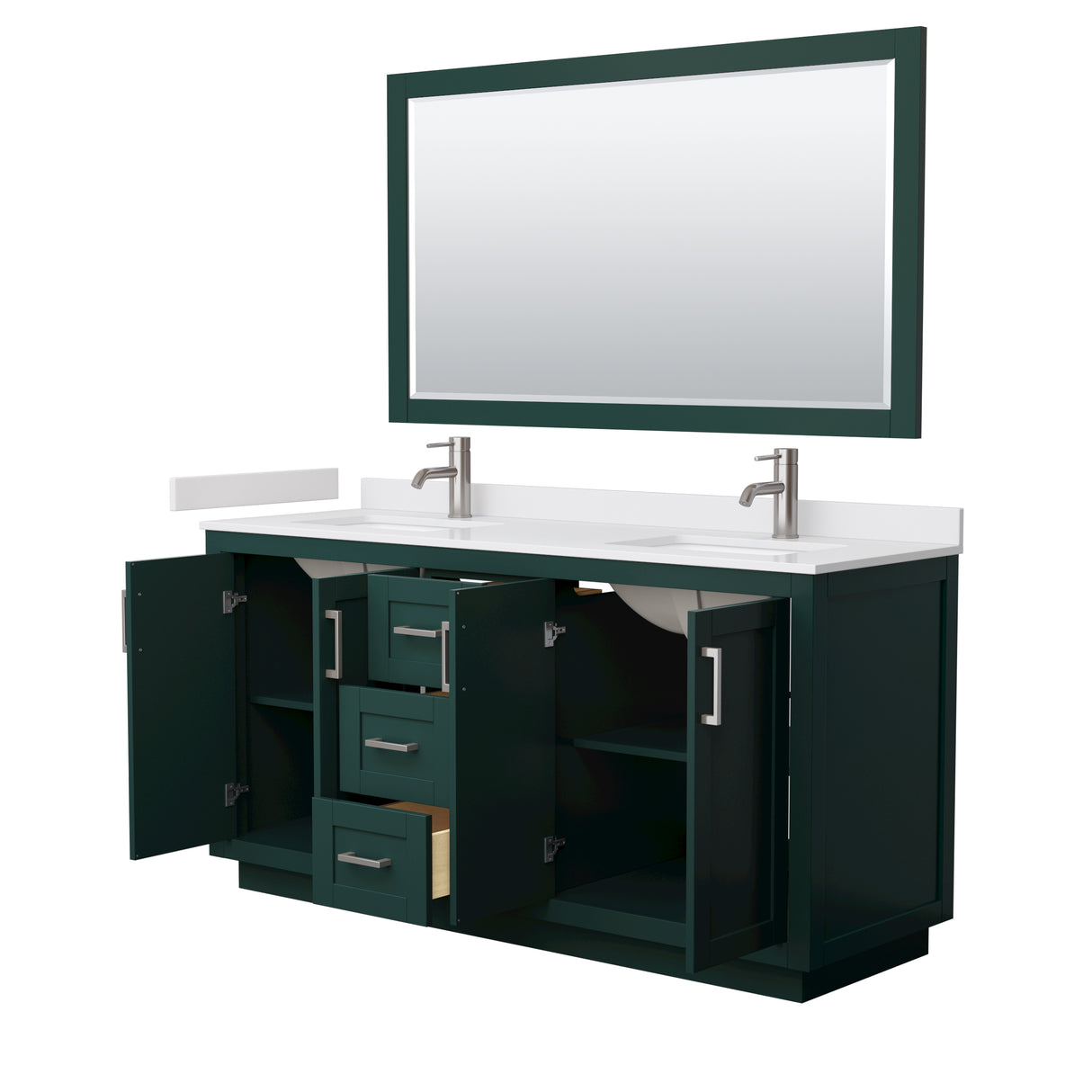 Miranda 66 Inch Double Bathroom Vanity in Green White Cultured Marble Countertop Undermount Square Sinks Brushed Nickel Trim 58 Inch Mirror
