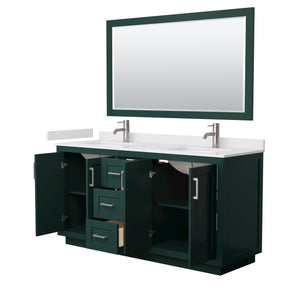 Miranda 66 Inch Double Bathroom Vanity in Green White Cultured Marble Countertop Undermount Square Sinks Brushed Nickel Trim 58 Inch Mirror