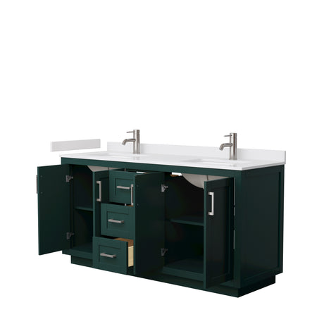Miranda 66 Inch Double Bathroom Vanity in Green White Cultured Marble Countertop Undermount Square Sinks Brushed Nickel Trim