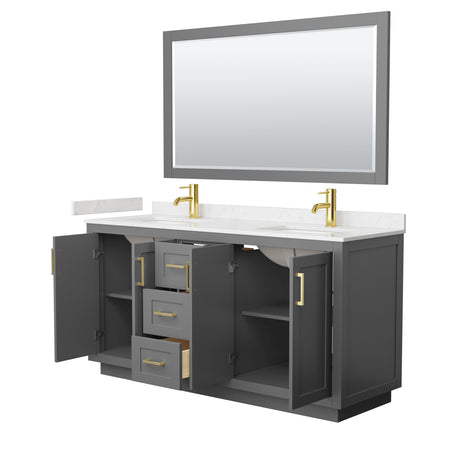 Miranda 66 Inch Double Bathroom Vanity in Dark Gray Carrara Cultured Marble Countertop Undermount Square Sinks Brushed Gold Trim 58 Inch Mirror