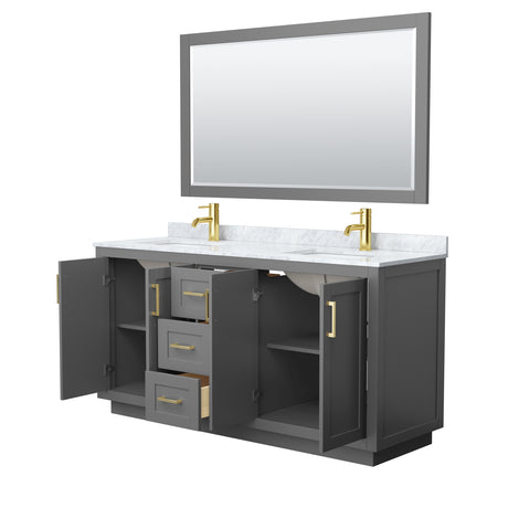 Miranda 66 Inch Double Bathroom Vanity in Dark Gray White Carrara Marble Countertop Undermount Square Sinks Brushed Gold Trim 58 Inch Mirror