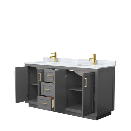 Miranda 66 Inch Double Bathroom Vanity in Dark Gray White Carrara Marble Countertop Undermount Square Sinks Brushed Gold Trim