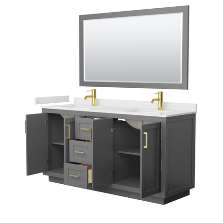 Miranda 66 Inch Double Bathroom Vanity in Dark Gray White Cultured Marble Countertop Undermount Square Sinks Brushed Gold Trim 58 Inch Mirror