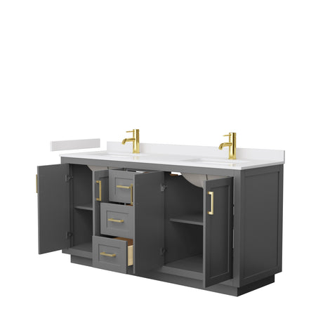Miranda 66 Inch Double Bathroom Vanity in Dark Gray White Cultured Marble Countertop Undermount Square Sinks Brushed Gold Trim
