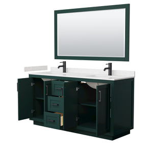 Miranda 66 Inch Double Bathroom Vanity in Green Carrara Cultured Marble Countertop Undermount Square Sinks Matte Black Trim 58 Inch Mirror