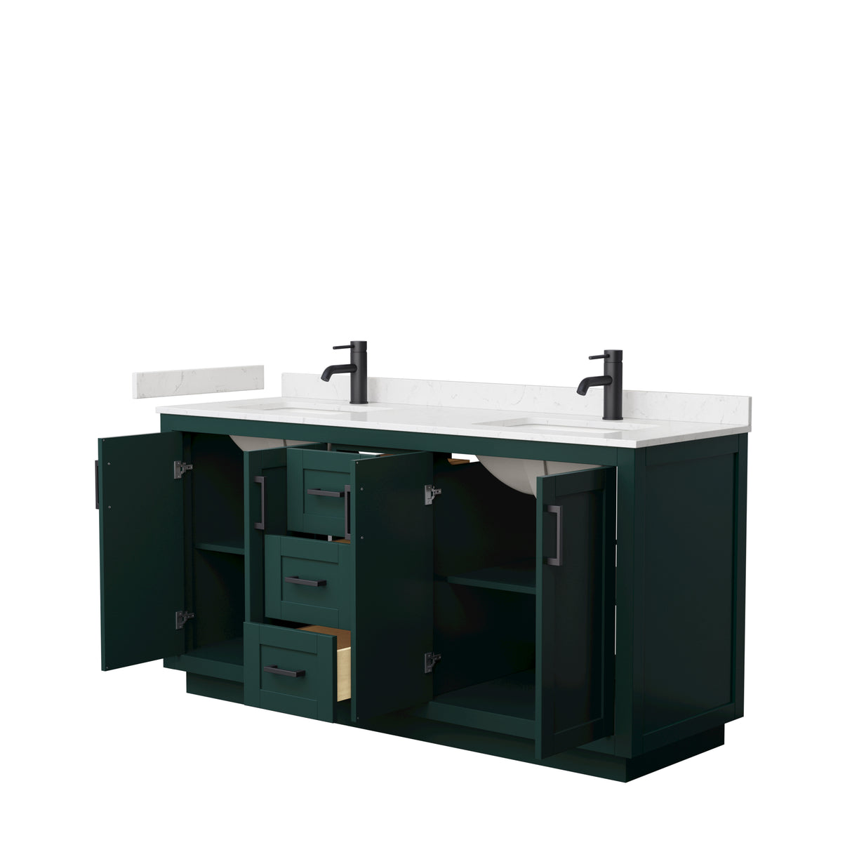 Miranda 66 Inch Double Bathroom Vanity in Green Carrara Cultured Marble Countertop Undermount Square Sinks Matte Black Trim