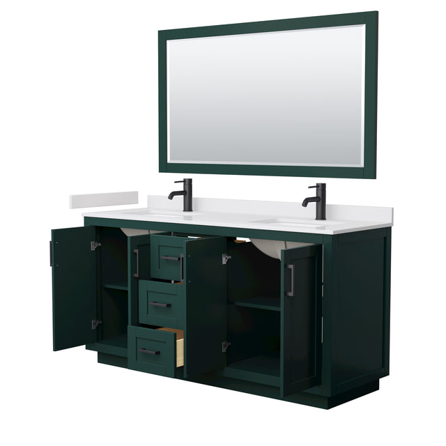 Miranda 66 Inch Double Bathroom Vanity in Green White Cultured Marble Countertop Undermount Square Sinks Matte Black Trim 58 Inch Mirror