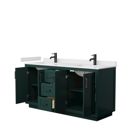 Miranda 66 Inch Double Bathroom Vanity in Green White Cultured Marble Countertop Undermount Square Sinks Matte Black Trim