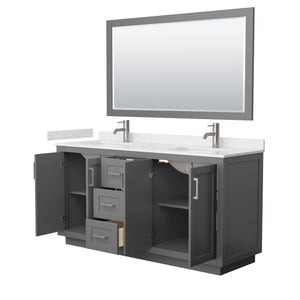 Miranda 66 Inch Double Bathroom Vanity in Dark Gray Carrara Cultured Marble Countertop Undermount Square Sinks Brushed Nickel Trim 58 Inch Mirror