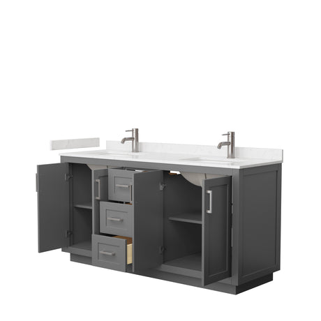 Miranda 66 Inch Double Bathroom Vanity in Dark Gray Carrara Cultured Marble Countertop Undermount Square Sinks Brushed Nickel Trim