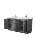 Miranda 66 Inch Double Bathroom Vanity in Dark Gray White Carrara Marble Countertop Undermount Square Sinks Brushed Nickel Trim