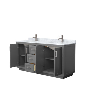 Miranda 66 Inch Double Bathroom Vanity in Dark Gray White Carrara Marble Countertop Undermount Square Sinks Brushed Nickel Trim