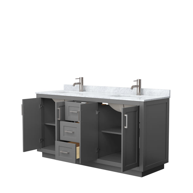 Miranda 66 Inch Double Bathroom Vanity in Dark Gray White Carrara Marble Countertop Undermount Square Sinks Brushed Nickel Trim