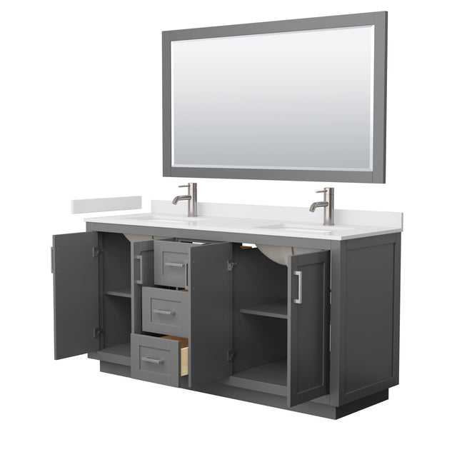 Miranda 66 Inch Double Bathroom Vanity in Dark Gray White Cultured Marble Countertop Undermount Square Sinks Brushed Nickel Trim 58 Inch Mirror