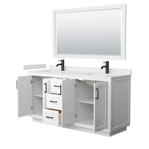 Miranda 66 Inch Double Bathroom Vanity in White Carrara Cultured Marble Countertop Undermount Square Sinks Matte Black Trim 58 Inch Mirror