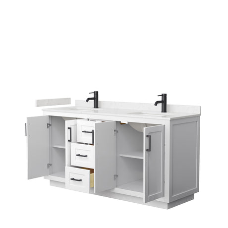 Miranda 66 Inch Double Bathroom Vanity in White Carrara Cultured Marble Countertop Undermount Square Sinks Matte Black Trim