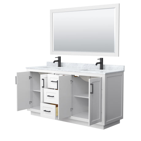 Miranda 66 Inch Double Bathroom Vanity in White White Carrara Marble Countertop Undermount Square Sinks Matte Black Trim 58 Inch Mirror