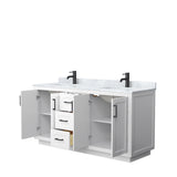 Miranda 66 Inch Double Bathroom Vanity in White White Carrara Marble Countertop Undermount Square Sinks Matte Black Trim