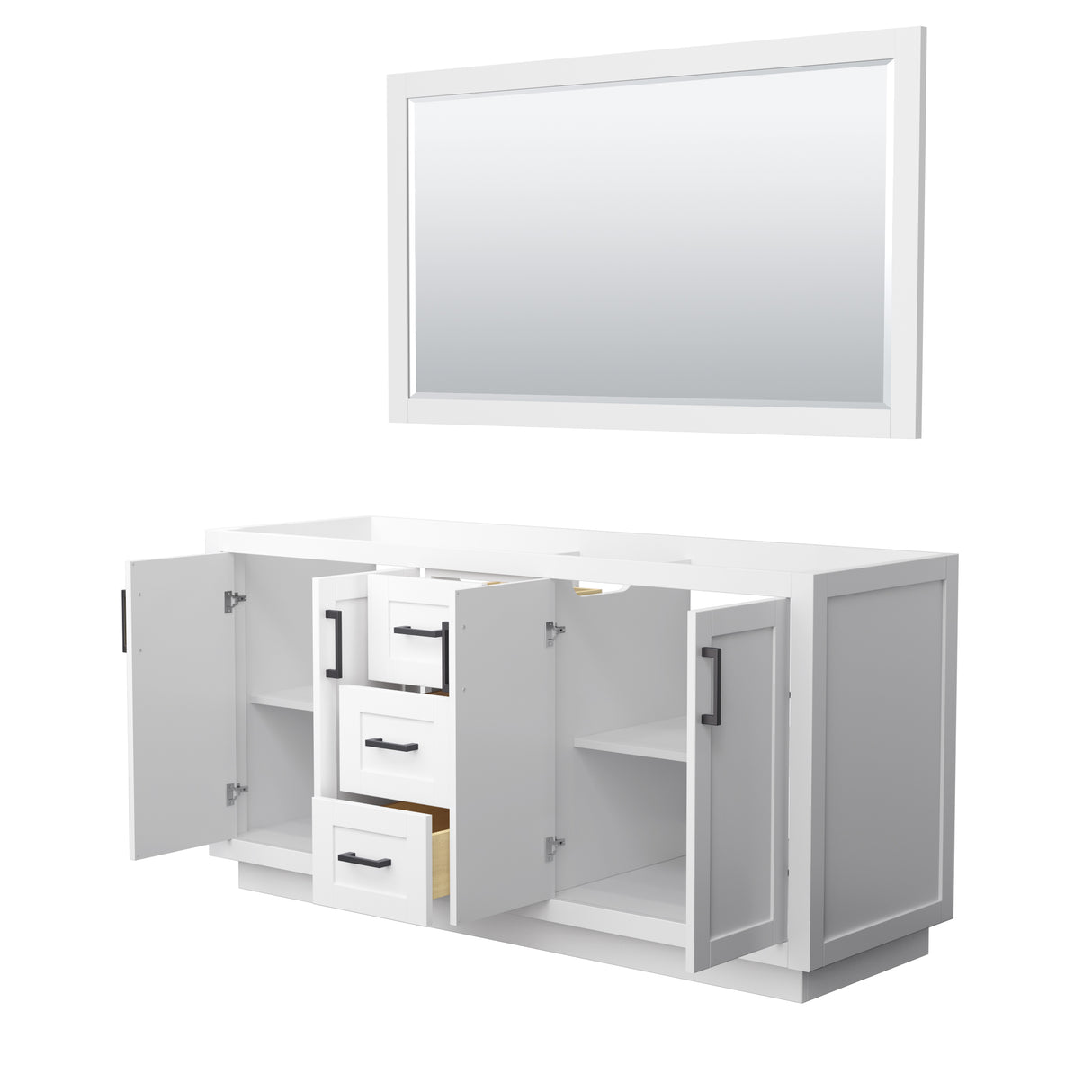 Miranda 66 Inch Double Bathroom Vanity in White No Countertop No Sink Matte Black Trim 58 Inch Mirror