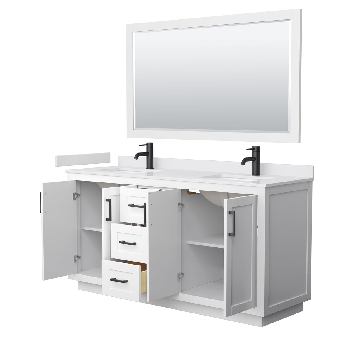Miranda 66 Inch Double Bathroom Vanity in White White Cultured Marble Countertop Undermount Square Sinks Matte Black Trim 58 Inch Mirror