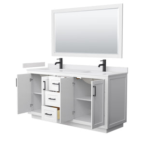 Miranda 66 Inch Double Bathroom Vanity in White White Cultured Marble Countertop Undermount Square Sinks Matte Black Trim 58 Inch Mirror