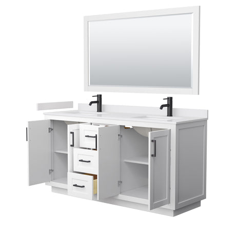 Miranda 66 Inch Double Bathroom Vanity in White White Cultured Marble Countertop Undermount Square Sinks Matte Black Trim 58 Inch Mirror
