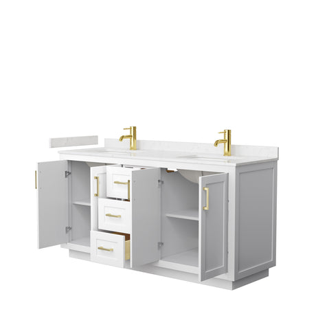 Miranda 66 Inch Double Bathroom Vanity in White Carrara Cultured Marble Countertop Undermount Square Sinks Brushed Gold Trim