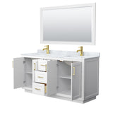 Miranda 66 Inch Double Bathroom Vanity in White White Carrara Marble Countertop Undermount Square Sinks Brushed Gold Trim 58 Inch Mirror