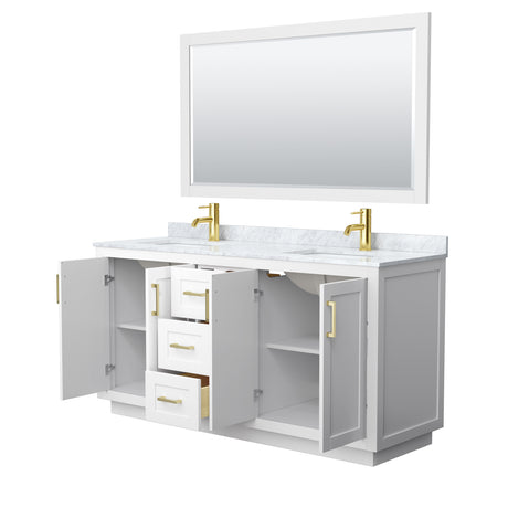 Miranda 66 Inch Double Bathroom Vanity in White White Carrara Marble Countertop Undermount Square Sinks Brushed Gold Trim 58 Inch Mirror