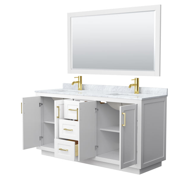 Miranda 66 Inch Double Bathroom Vanity in White White Carrara Marble Countertop Undermount Square Sinks Brushed Gold Trim 58 Inch Mirror
