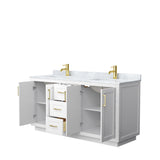 Miranda 66 Inch Double Bathroom Vanity in White White Carrara Marble Countertop Undermount Square Sinks Brushed Gold Trim