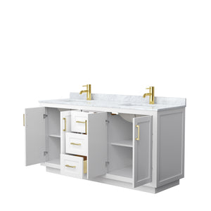 Miranda 66 Inch Double Bathroom Vanity in White White Carrara Marble Countertop Undermount Square Sinks Brushed Gold Trim