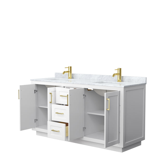 Miranda 66 Inch Double Bathroom Vanity in White White Carrara Marble Countertop Undermount Square Sinks Brushed Gold Trim