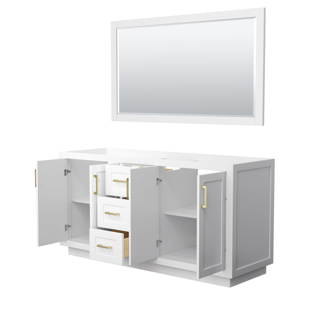 Miranda 66 Inch Double Bathroom Vanity in White No Countertop No Sink Brushed Gold Trim 58 Inch Mirror