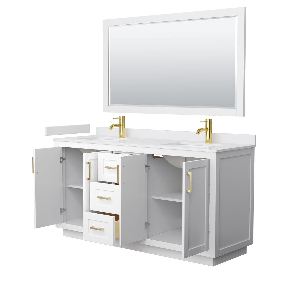 Miranda 66 Inch Double Bathroom Vanity in White White Cultured Marble Countertop Undermount Square Sinks Brushed Gold Trim 58 Inch Mirror