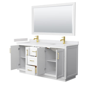 Miranda 66 Inch Double Bathroom Vanity in White White Cultured Marble Countertop Undermount Square Sinks Brushed Gold Trim 58 Inch Mirror