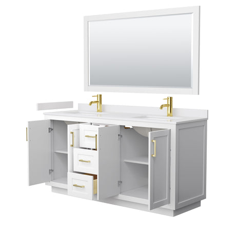 Miranda 66 Inch Double Bathroom Vanity in White White Cultured Marble Countertop Undermount Square Sinks Brushed Gold Trim 58 Inch Mirror