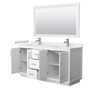 Miranda 66 Inch Double Bathroom Vanity in White Carrara Cultured Marble Countertop Undermount Square Sinks Brushed Nickel Trim 58 Inch Mirror
