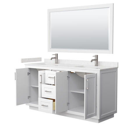 Miranda 66 Inch Double Bathroom Vanity in White Carrara Cultured Marble Countertop Undermount Square Sinks Brushed Nickel Trim 58 Inch Mirror
