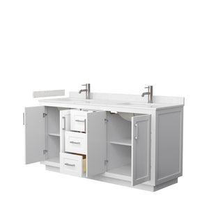 Miranda 66 Inch Double Bathroom Vanity in White Carrara Cultured Marble Countertop Undermount Square Sinks Brushed Nickel Trim