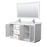 Miranda 66 Inch Double Bathroom Vanity in White White Carrara Marble Countertop Undermount Square Sinks Brushed Nickel Trim 58 Inch Mirror