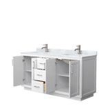 Miranda 66 Inch Double Bathroom Vanity in White White Carrara Marble Countertop Undermount Square Sinks Brushed Nickel Trim