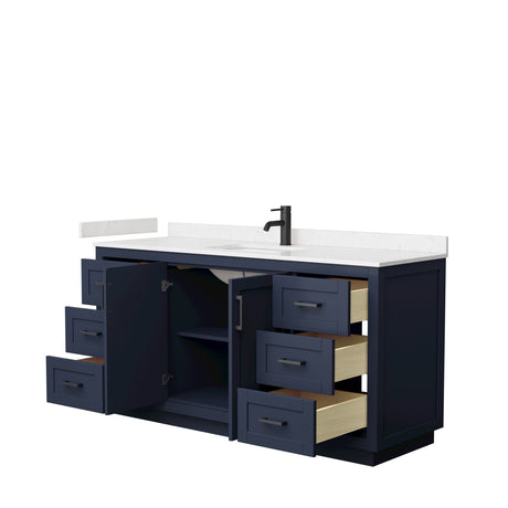 Miranda 66 Inch Single Bathroom Vanity in Dark Blue Carrara Cultured Marble Countertop Undermount Square Sink Matte Black Trim