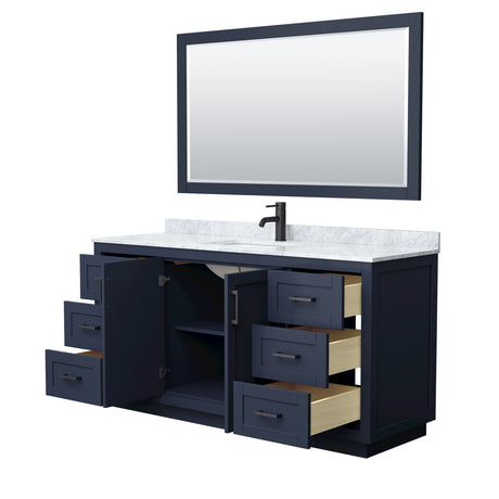 Miranda 66 Inch Single Bathroom Vanity in Dark Blue White Carrara Marble Countertop Undermount Square Sink Matte Black Trim 58 Inch Mirror