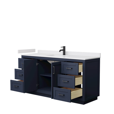 Miranda 66 Inch Single Bathroom Vanity in Dark Blue White Cultured Marble Countertop Undermount Square Sink Matte Black Trim