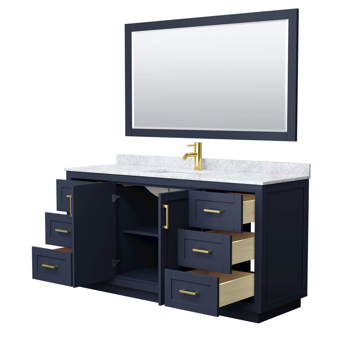 Miranda 66 Inch Single Bathroom Vanity in Dark Blue White Carrara Marble Countertop Undermount Square Sink Brushed Gold Trim 58 Inch Mirror