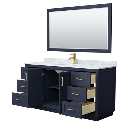 Miranda 66 Inch Single Bathroom Vanity in Dark Blue White Carrara Marble Countertop Undermount Square Sink Brushed Gold Trim 58 Inch Mirror