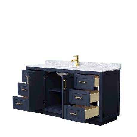 Miranda 66 Inch Single Bathroom Vanity in Dark Blue White Carrara Marble Countertop Undermount Square Sink Brushed Gold Trim